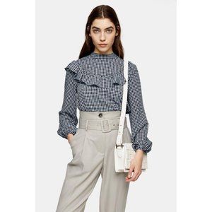 🤩 Topshop Frill Yoke Blue Check Gingham Blouse